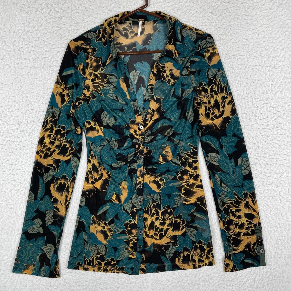 Free People Mesh Top Womens Large Teal Gold Floral Ruched Front Whimsigoth Boho